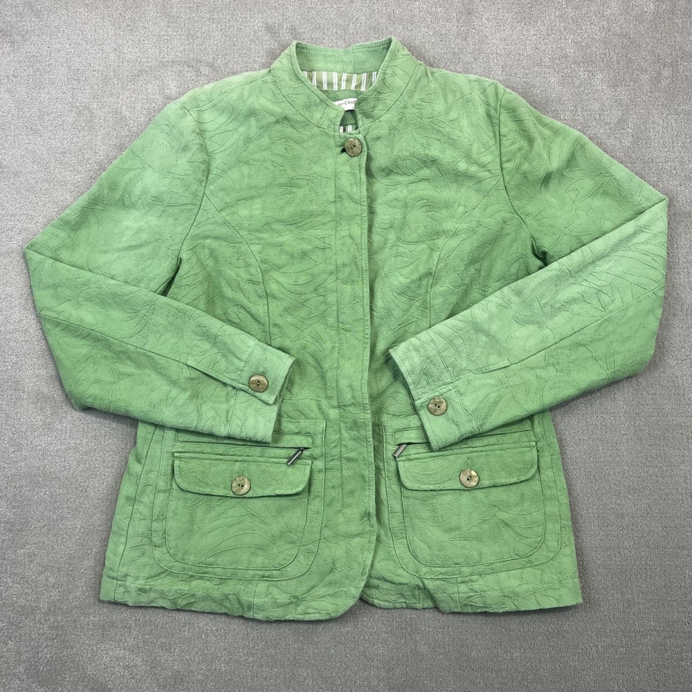 Coldwater Creek Jacket Womens 10 Green Cotton Textured Leaf Mandarin Blazer